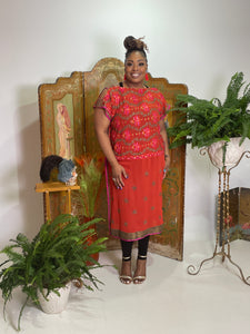 Modified Midi Caftan in Burnt Orange Silk Chiffon with Metallic Embroidery