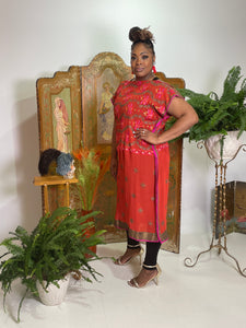 Modified Midi Caftan in Burnt Orange Silk Chiffon with Metallic Embroidery