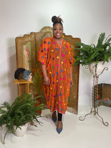 VV Caftan in Orange Chiffon with Kantha Embroidery