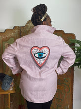 Load image into Gallery viewer, Upcycled French Cuff Shirt with Sequin Heart Evil Eye
