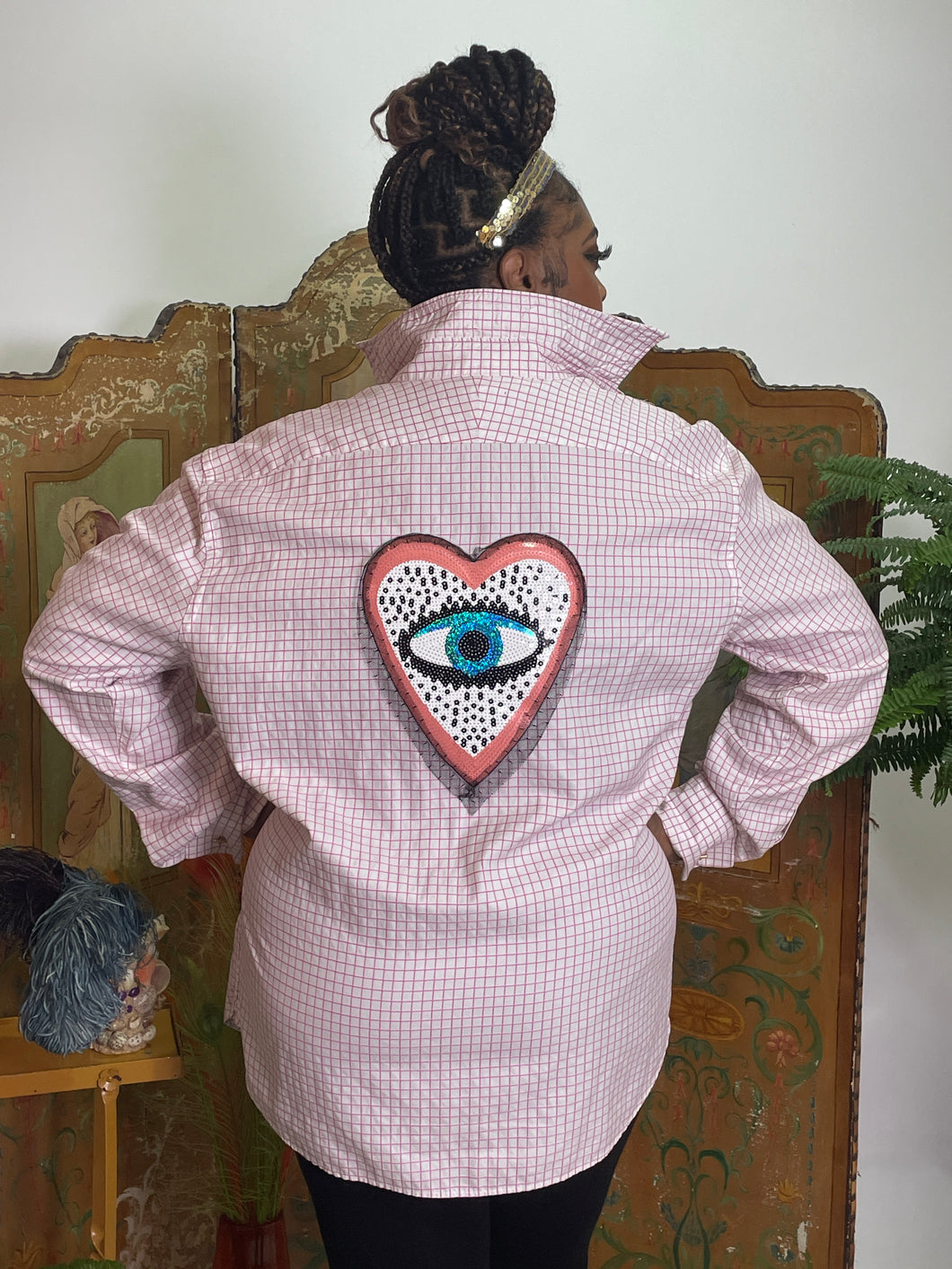 Upcycled French Cuff Shirt with Sequin Heart Evil Eye