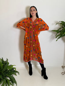 VV Caftan in Orange Chiffon with Kantha Embroidery