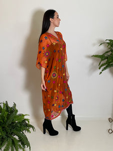 VV Caftan in Orange Chiffon with Kantha Embroidery