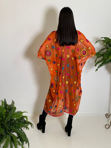 VV Caftan in Orange Chiffon with Kantha Embroidery