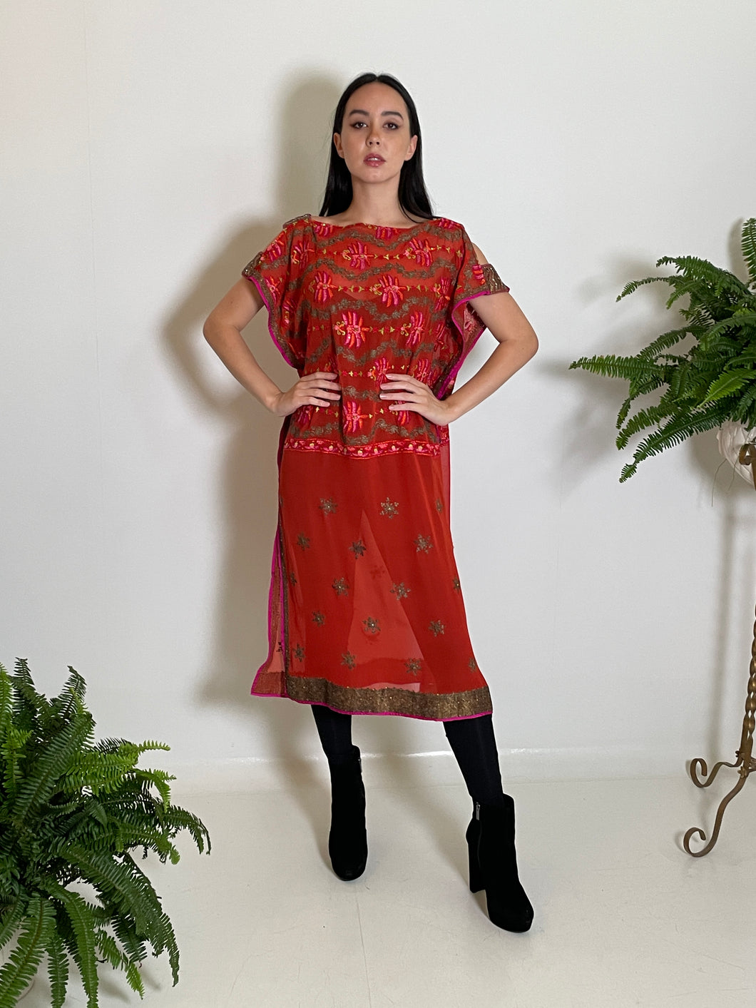 Modified Midi Caftan in Burnt Orange Silk Chiffon with Metallic Embroidery