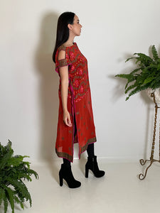 Modified Midi Caftan in Burnt Orange Silk Chiffon with Metallic Embroidery