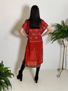 Modified Midi Caftan in Burnt Orange Silk Chiffon with Metallic Embroidery