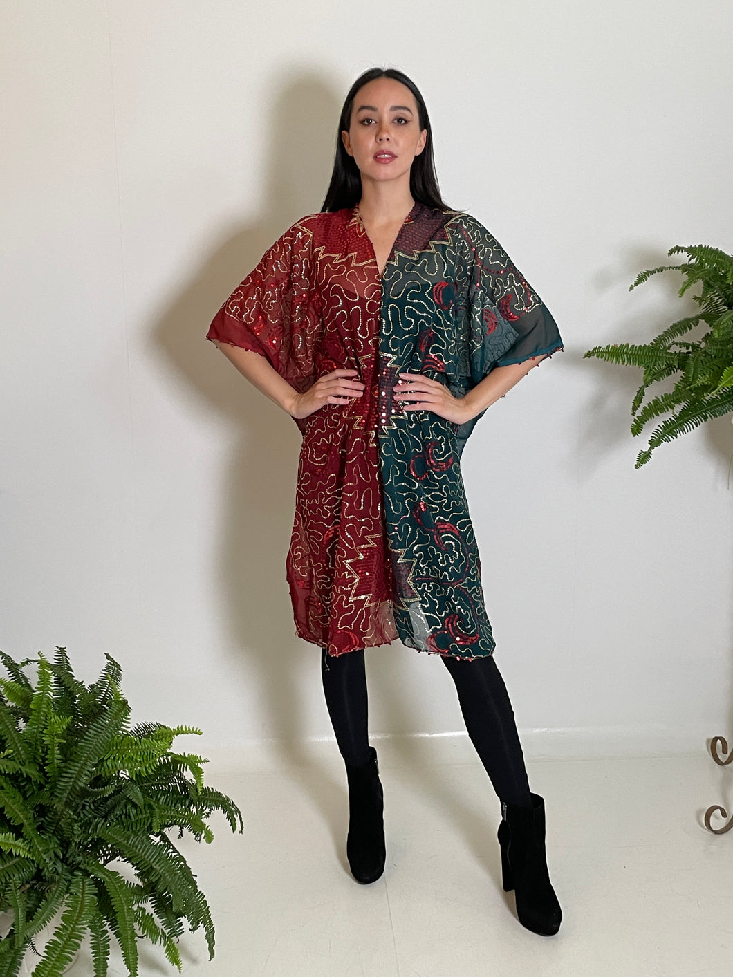 VV Caftan in Teal\Rust Sequin Chiffon