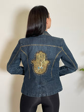 Load image into Gallery viewer, Upcycled Denim Jacket Sequin Gold Palmist
