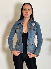 Load image into Gallery viewer, Upcycled Denim Jacket Pyramid Evil Eye
