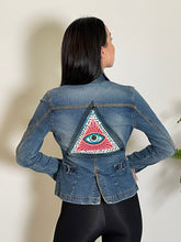 Load image into Gallery viewer, Upcycled Denim Jacket Pyramid Evil Eye
