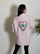 Load image into Gallery viewer, Upcycled French Cuff Shirt with Sequin Heart Evil Eye
