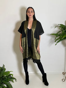 Ruana in Black Cotton with Gold Metallic Embroidery