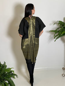 Ruana in Black Cotton with Gold Metallic Embroidery