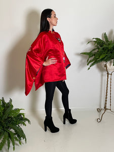 Poncho in Crimson Vintage Silk Satin with Hand Embroidery