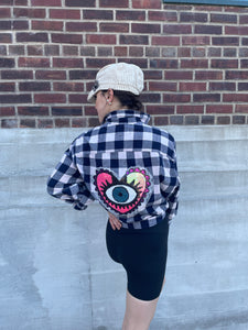 Upcycled Shirt Buffalo Check Sequin Heart Evil Eye