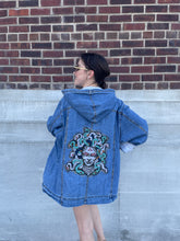 Load image into Gallery viewer, Upcycled Hooded Denim Jacket Medusa Embroidery
