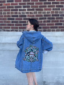 Upcycled Hooded Denim Jacket Medusa Embroidery