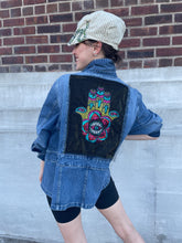 Load image into Gallery viewer, Upcycled Denim Jacket Sequin Palmist w/ Lace and Beaded Fringe
